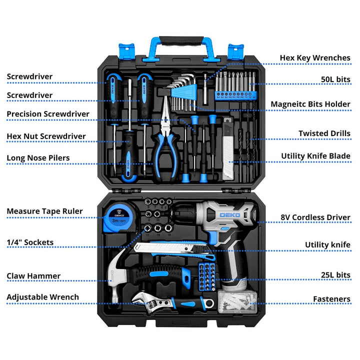 126 Piece Tool Set with 8V Cordless Drill - DEKOTOOLS STORE