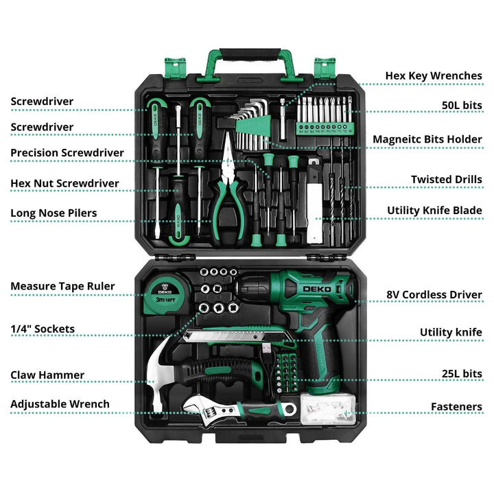 126 Piece Tool Set with 8V Cordless Drill - DEKOTOOLS STORE