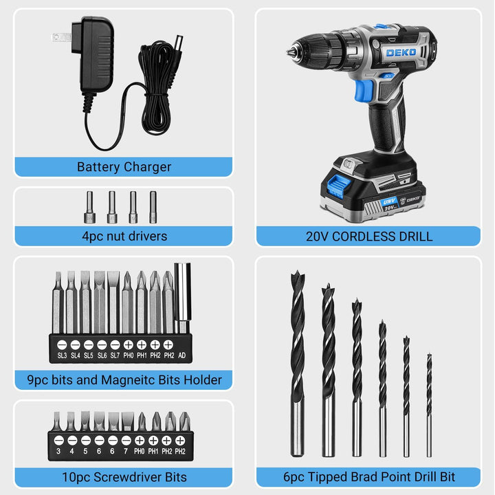 20V Cordless Drill Kit with Battery & Charger - DEKOTOOLS STORE