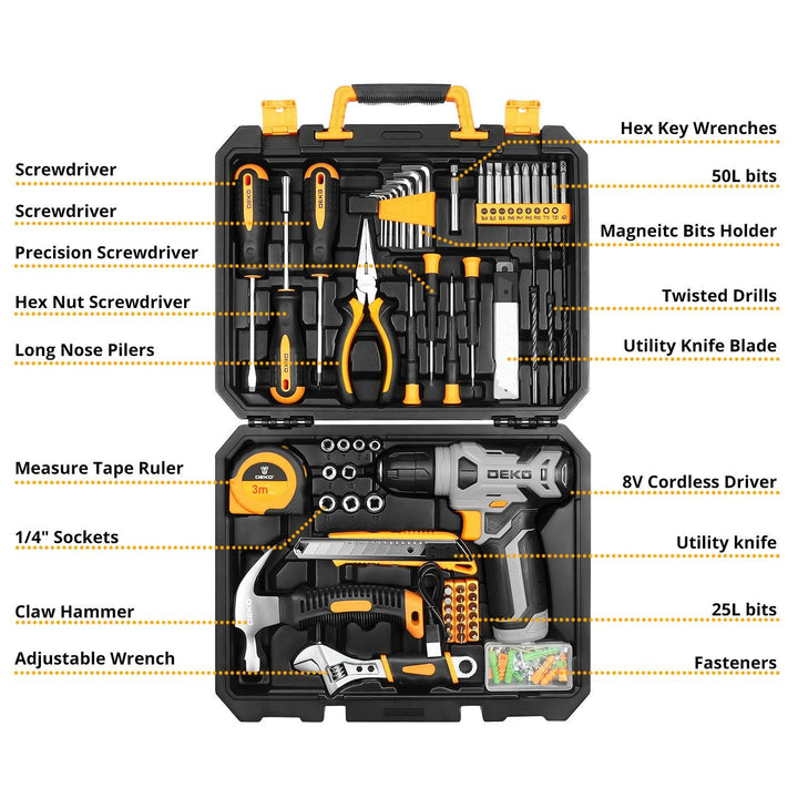 126 Piece Tool Set with 8V Cordless Drill - DEKOTOOLS STORE