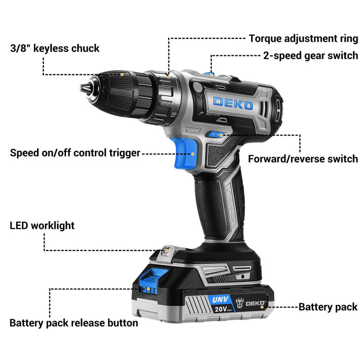 20V Cordless Drill Kit with Battery & Charger - DEKOTOOLS STORE