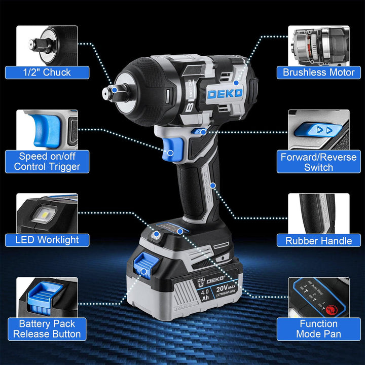 20V 1x4.0Ah LI-ION BATTERY HIGH TORQUE 1/2" BRUSHLESS IMPACT WRENCH - DEKOTOOLS STORE