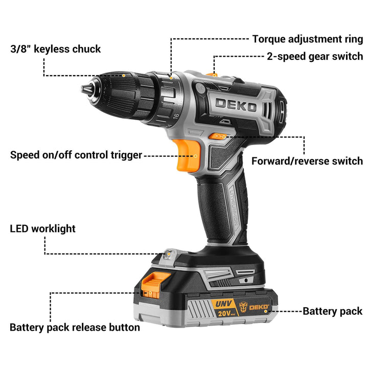20V Cordless Drill Kit with Battery & Charger - DEKOTOOLS STORE